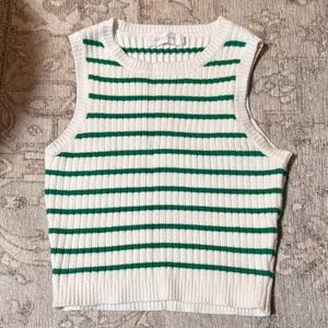 Free People White & Green Striped Rib Knit Crop Tank